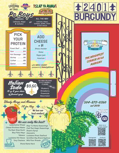Front and back covers of Who Dat Cafe's colorful menu.