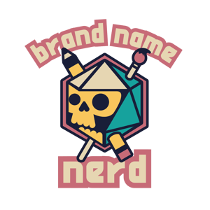 A 20 sided die with the face of a skull on one side. A pencil and a paint brush crisscross through the skull. Above the skul is curved letters it reads "brand name"; below the skull it says, "nerd".  