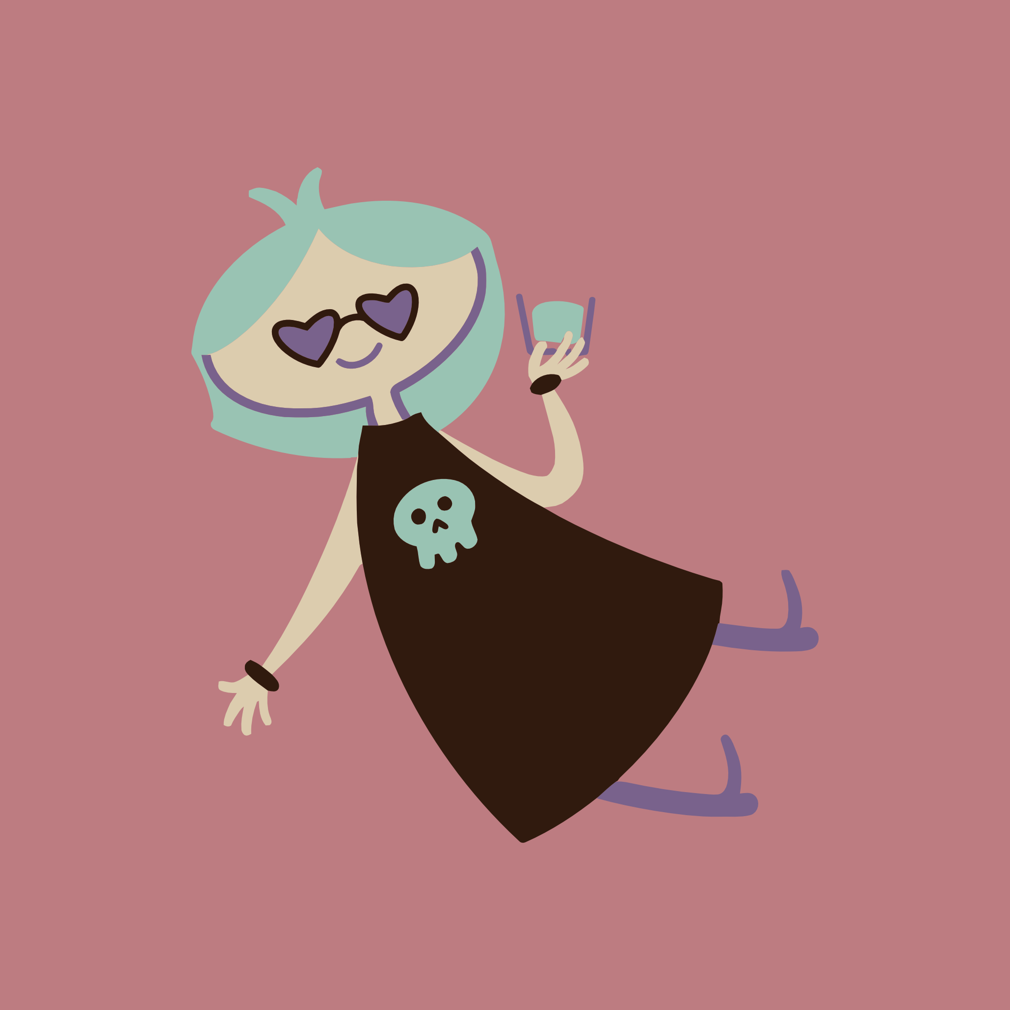 Illustration of a woman floating holding a beverage in a 1950s-1960s atomic style