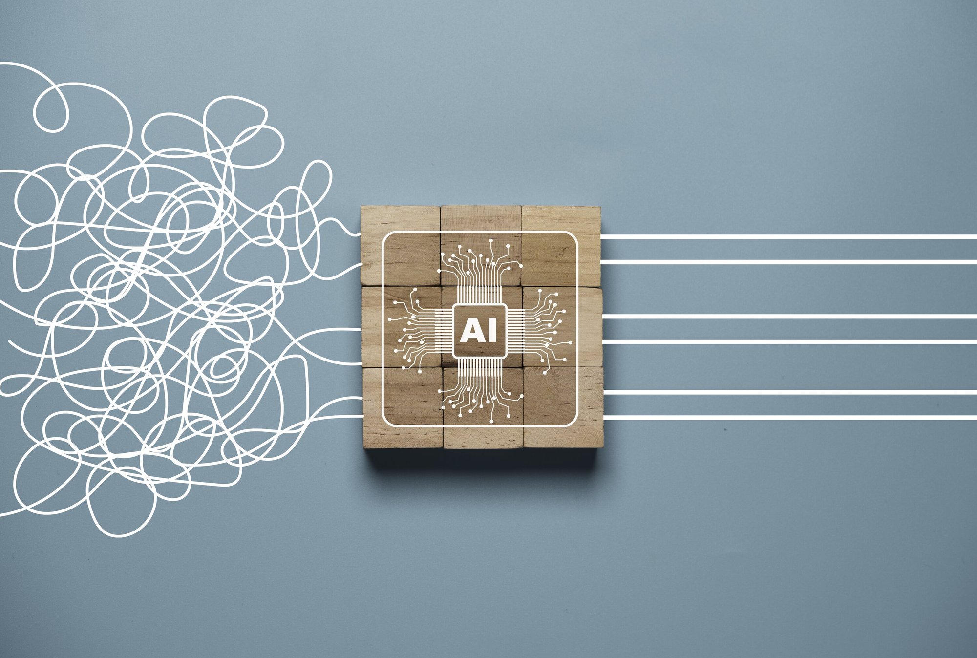 Graphic of a wooden block labeled AI with illustrated circuit lines moving from tangled to organized, symbolizing clarity through technology.