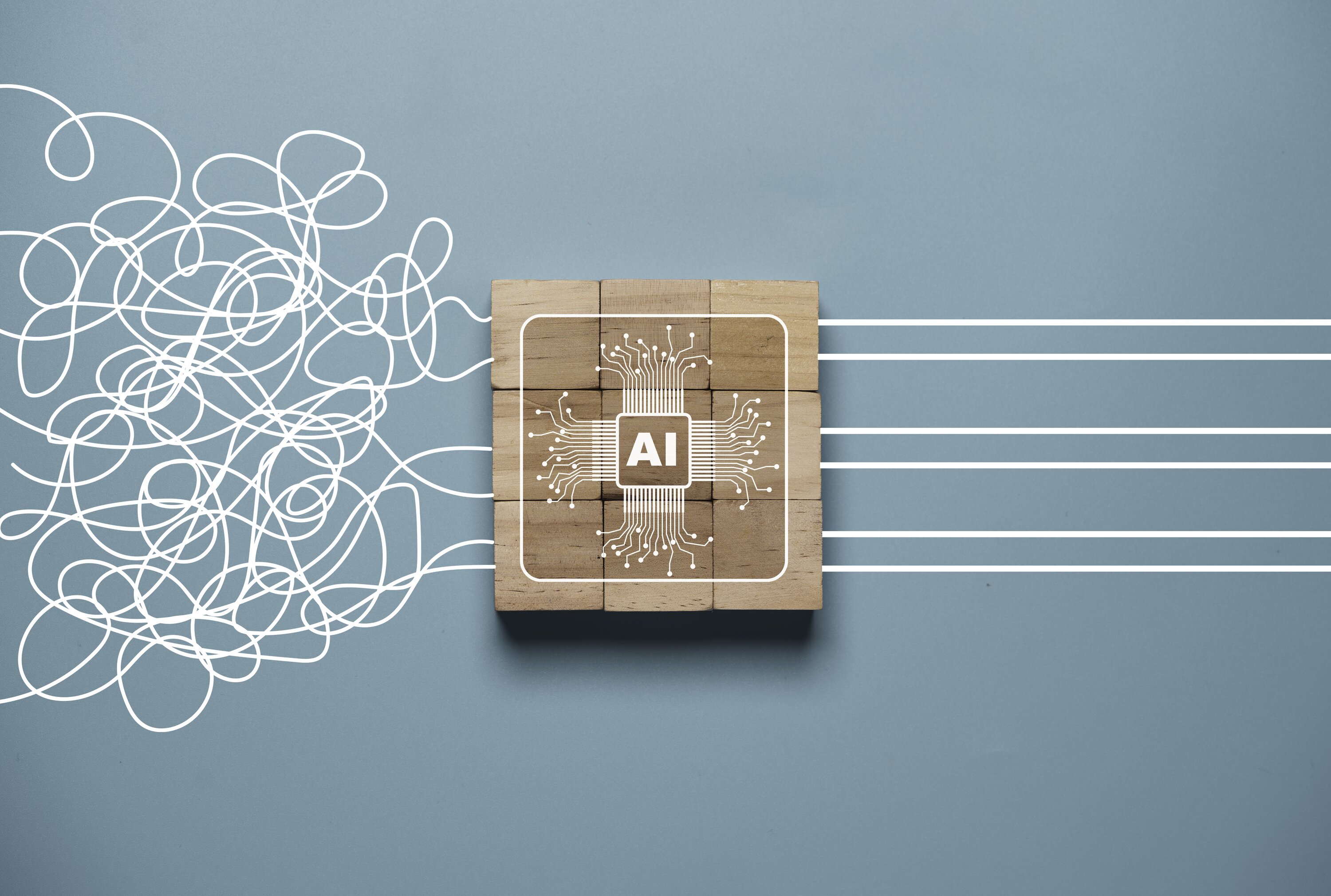 Graphic of a wooden block labeled AI with illustrated circuit lines moving from tangled to organized — symbolizing clarity through technology.