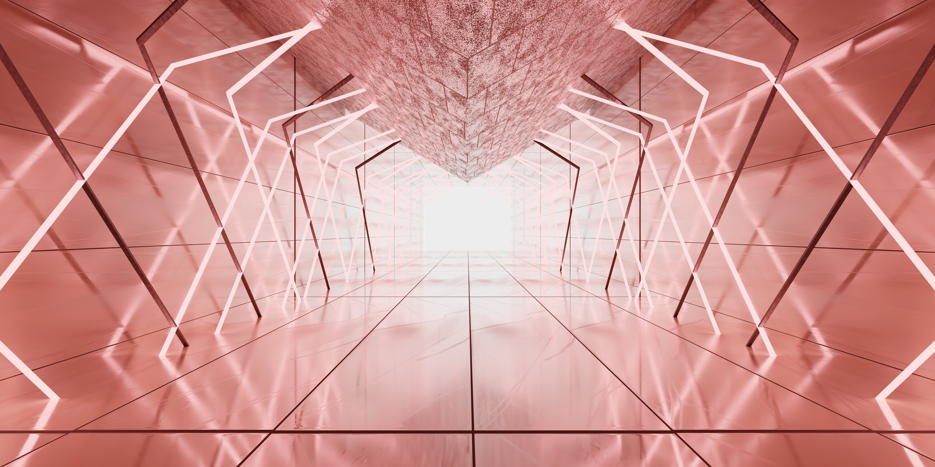 Symmetrical corridor with geometric light panels and reflective coral surfaces — modern, abstract, and architectural.